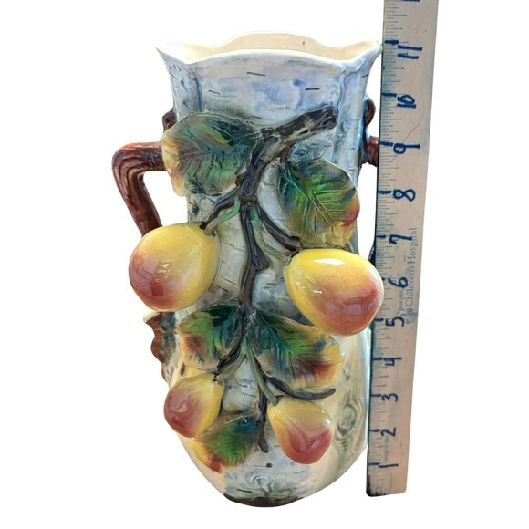 Antique Majolica Birch Tree Vase with applied Pears and Leaves 11 - Picture 4 of 16
